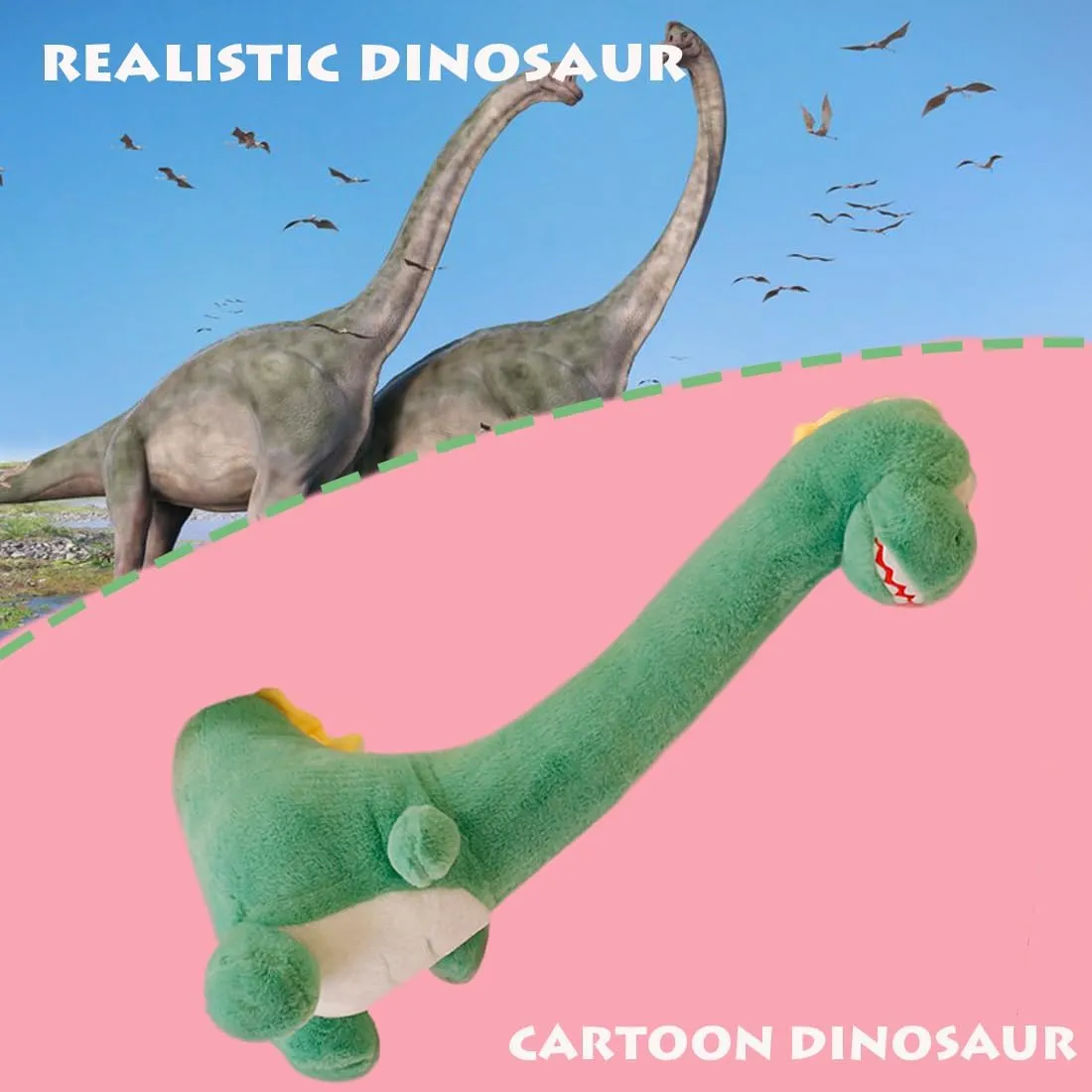 ELAINREN Cute Long Neck Dinosaur Plush Toy Furry Plesiosaur Dinosaur Stuffed Animals Pillow Super Soft Green Dino Plushie Dolls Gifts/27.5''