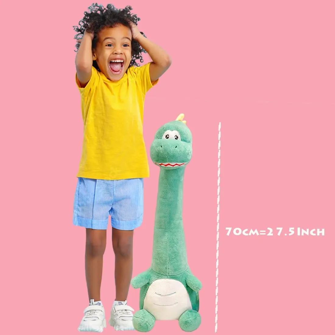 ELAINREN Cute Long Neck Dinosaur Plush Toy Furry Plesiosaur Dinosaur Stuffed Animals Pillow Super Soft Green Dino Plushie Dolls Gifts/27.5''