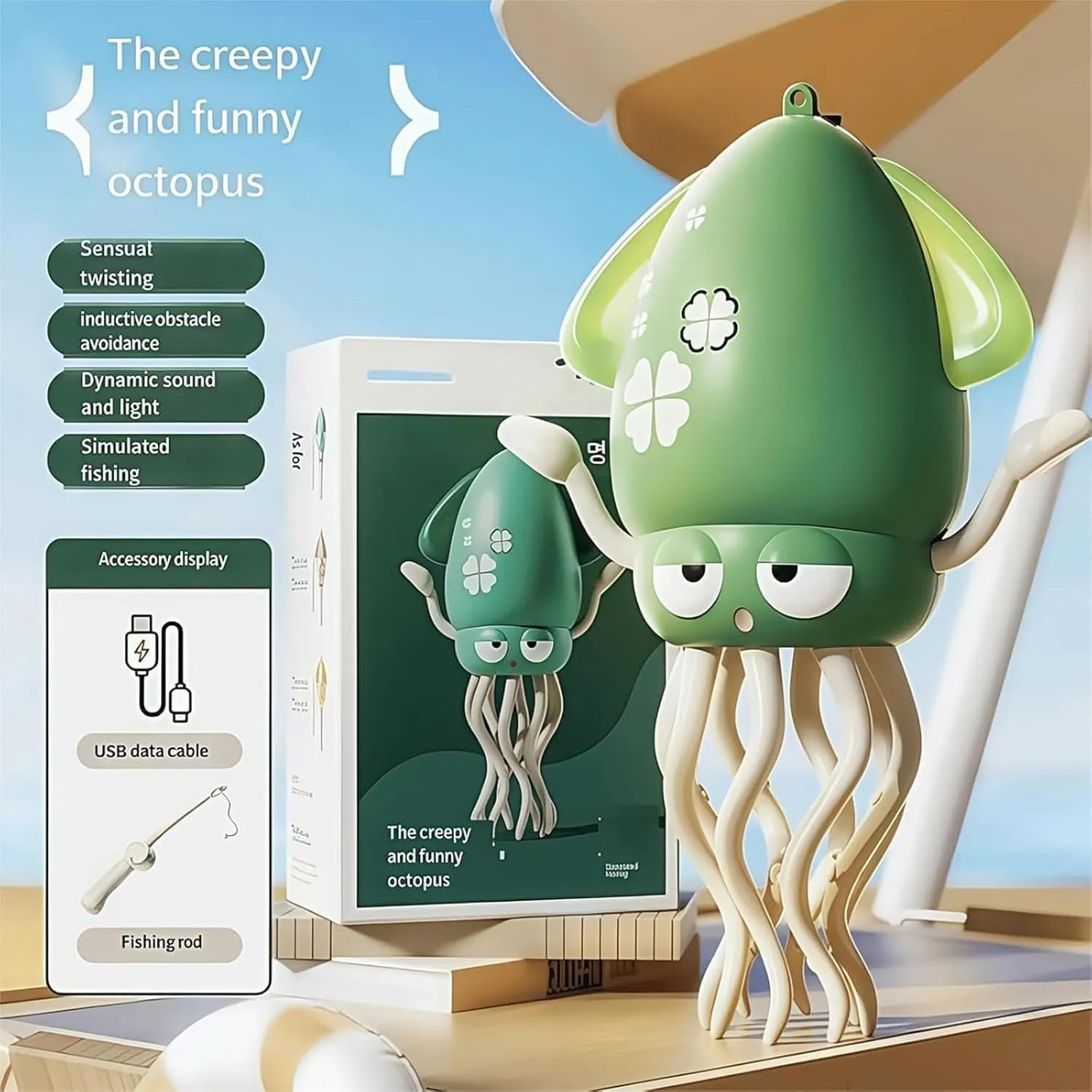 Electric Dancing Octopus Toy, Crawling Dancing Automatic Obstacle Avoidance Octopus Sensor Toy, Crazy 8-Legged Action Obstacle with Led Lights and Music, Self-Navigating (Green)