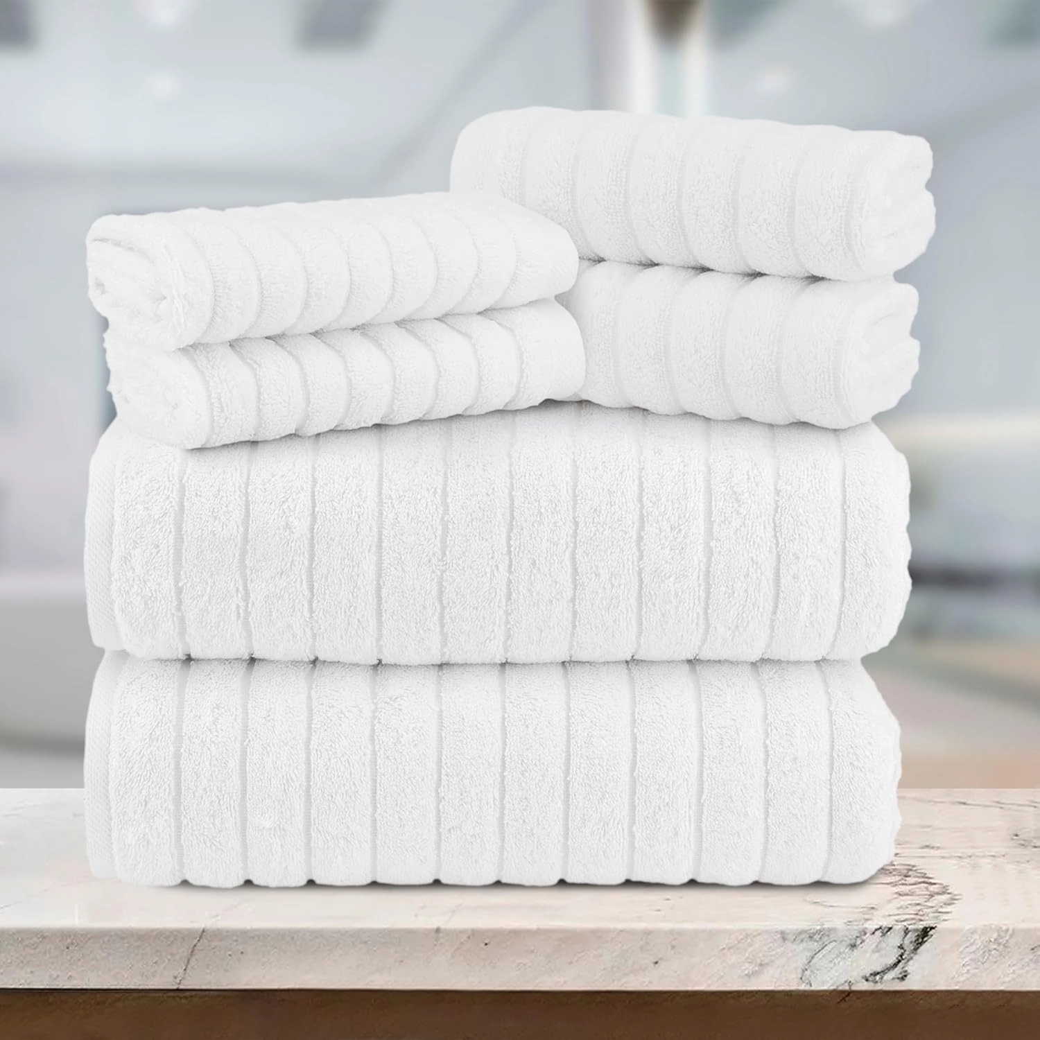Elegant Comfort 100% Turkish Cotton Corduroy Ribbed Luxury Bath Towels 6-Piece Set, Premium Feel - Quick Dry, Highly Absorbent, Contains 2 Bath Towels, 2 Hand Towels, and 2 Washcloths, White