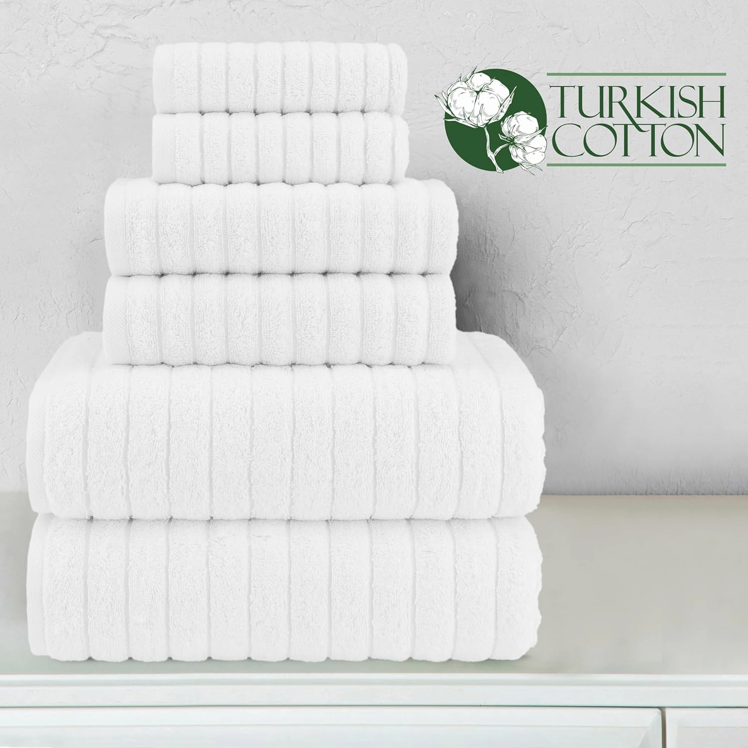 Elegant Comfort 100% Turkish Cotton Corduroy Ribbed Luxury Bath Towels 6-Piece Set, Premium Feel - Quick Dry, Highly Absorbent, Contains 2 Bath Towels, 2 Hand Towels, and 2 Washcloths, White