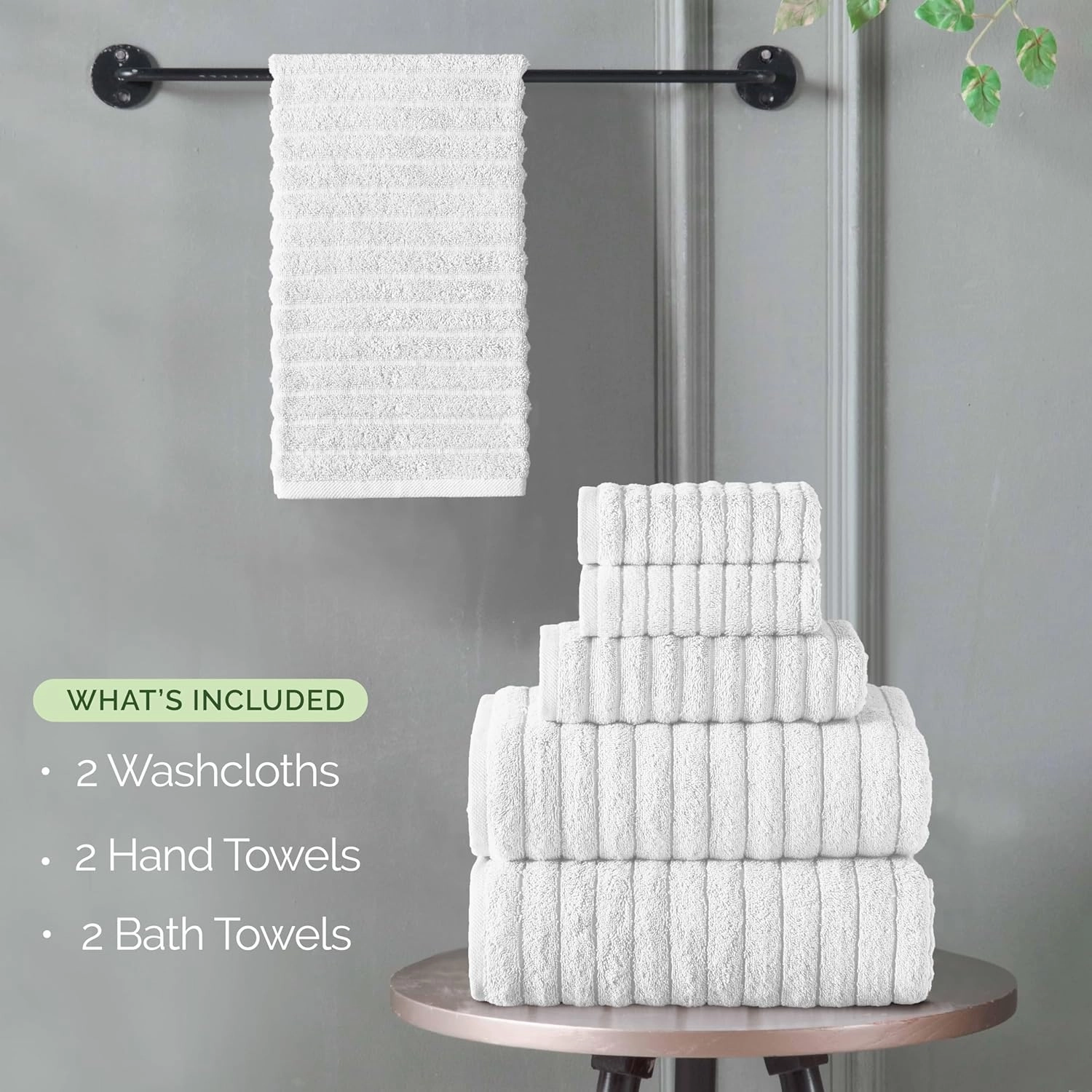 Elegant Comfort 100% Turkish Cotton Corduroy Ribbed Luxury Bath Towels 6-Piece Set, Premium Feel - Quick Dry, Highly Absorbent, Contains 2 Bath Towels, 2 Hand Towels, and 2 Washcloths, White