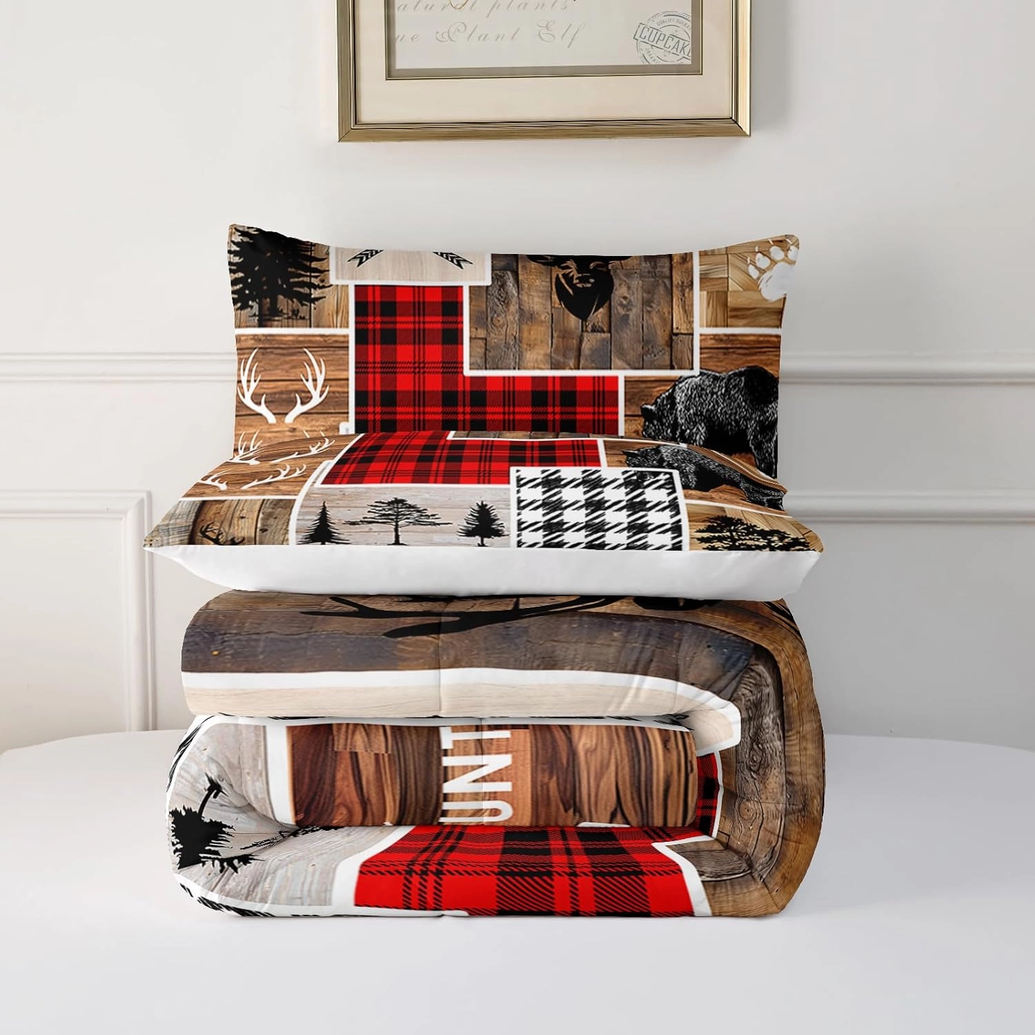 Elk Deer Twin Comforter Set, Black Bear Wildlife Bedding Comforter Sets, Rustic Cabin Farm Forest Hunting Enthusiast Bedding Decoration, Western Farmhouse Decor for Boys Men.