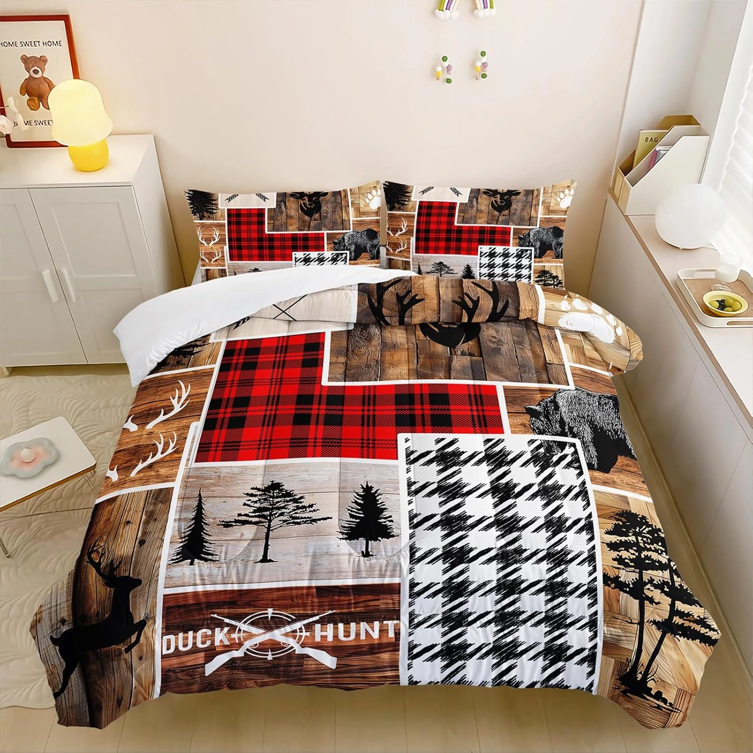 Elk Deer Twin Comforter Set, Black Bear Wildlife Bedding Comforter Sets, Rustic Cabin Farm Forest Hunting Enthusiast Bedding Decoration, Western Farmhouse Decor for Boys Men.