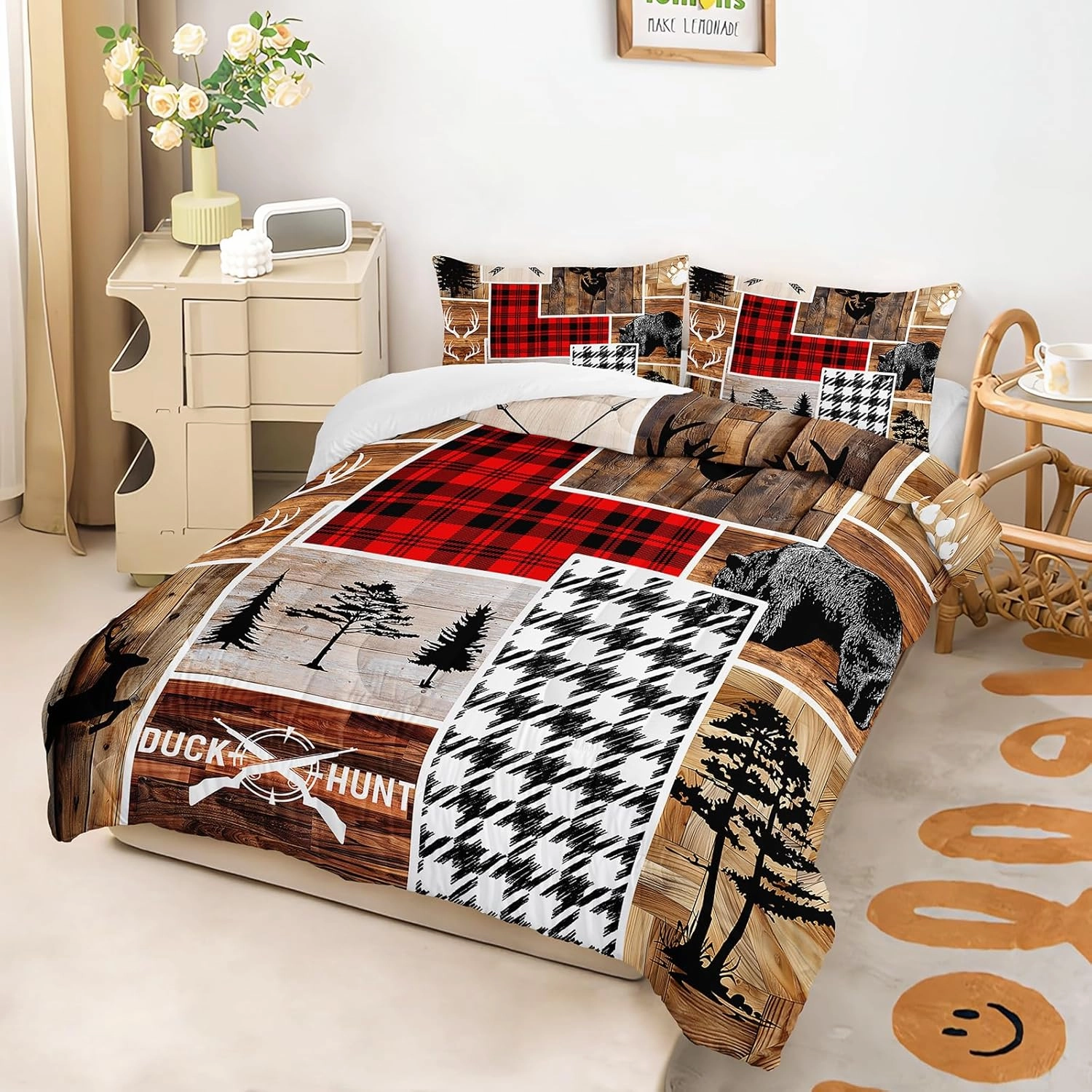 Elk Deer Twin Comforter Set, Black Bear Wildlife Bedding Comforter Sets, Rustic Cabin Farm Forest Hunting Enthusiast Bedding Decoration, Western Farmhouse Decor for Boys Men.