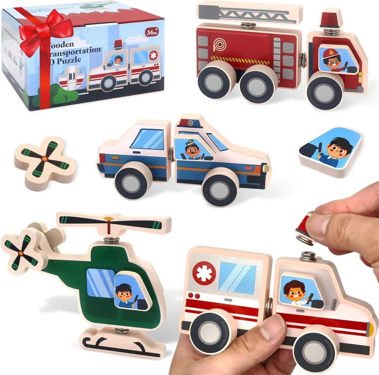 Emergency Vehicles 3D Puzzle Toy Set, Wooden Take Apart Montessori Fine Motor Building Toy, Fire Truck Ambulance Police Car Helicopter Montessori Snap Button Connection Building Blocks for Kids 3-8