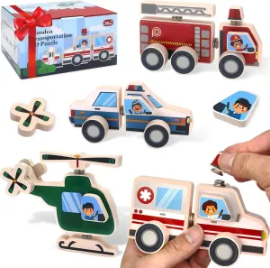 Emergency Vehicles 3D Puzzle Toy Set, Wooden Take Apart Montessori Fine Motor Building Toy, Fire Truck Ambulance Police Car Helicopter Montessori Snap Button Connection Building Blocks for Kids 3-8