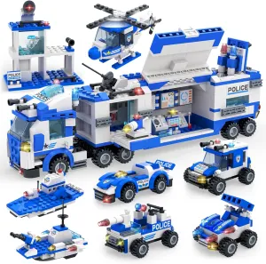 EP EXERCISE N PLAY 1338 Pieces City Police Car Building Sets, Police Station Truck Toy Blocks Set with Prison Helicopter Cop Car Boat for Boys and Kids Aged 6-12