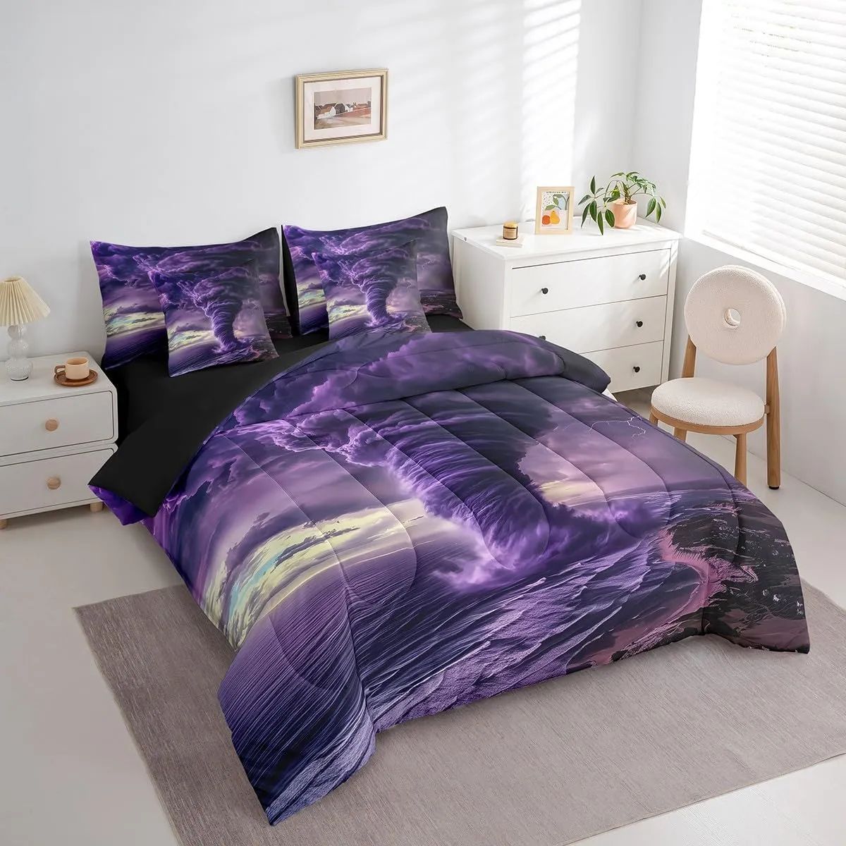 Erosebridal Purple Tornado Kids Bed in A Bag Lightning Bedding Set for Boys Girls Room Decor,Natural Disaster Dark Clouds Twin Comforter Set 7 Piece Tornado Pattern Sheet Set with Comforter