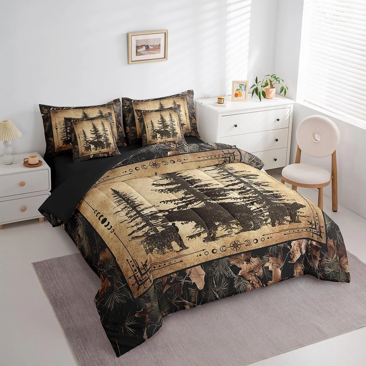 Erosebridal Tree Camo Cabin Comforter Set Twin 7 Piece Rustic Farmhouse Bedding Sets with Sheets Camouflage Hunting Wildlife Bear Bed in A Bag for Boys Teen Men,Woodland Pine Tree Animal Bed Set