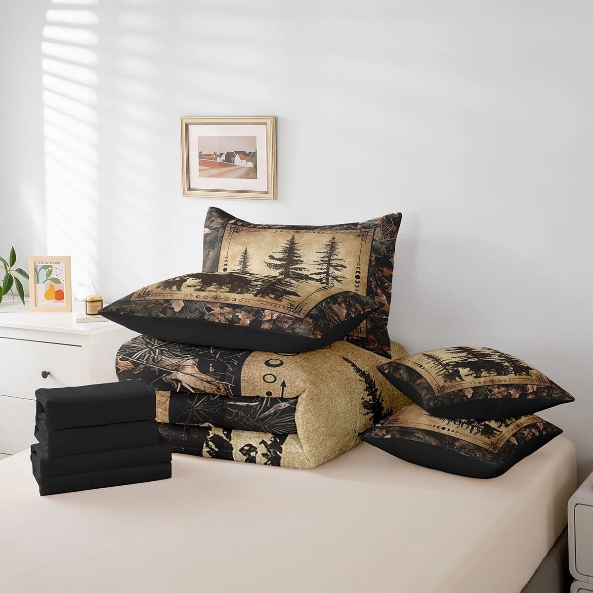 Erosebridal Tree Camo Cabin Comforter Set Twin 7 Piece Rustic Farmhouse Bedding Sets with Sheets Camouflage Hunting Wildlife Bear Bed in A Bag for Boys Teen Men,Woodland Pine Tree Animal Bed Set