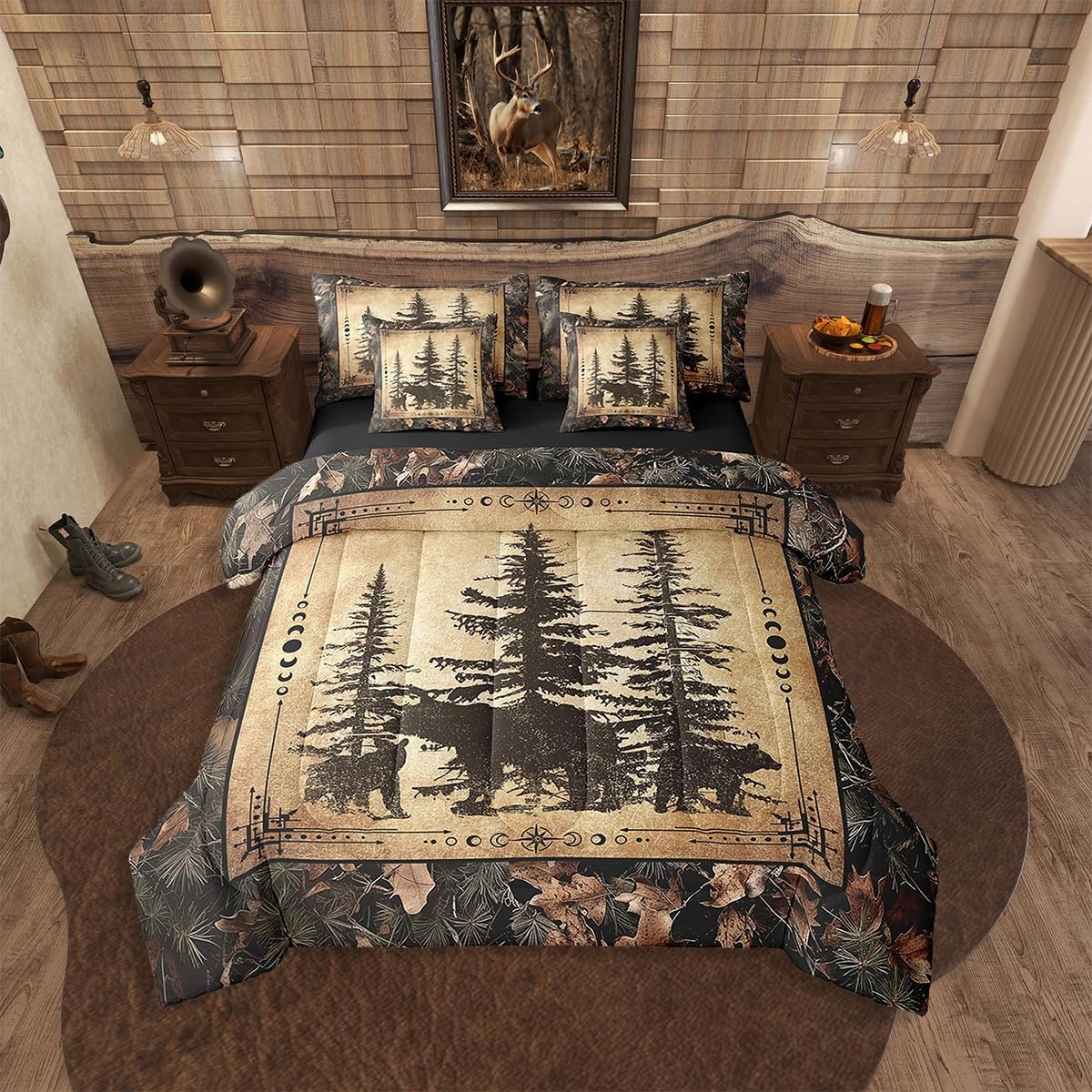 Erosebridal Tree Camo Cabin Comforter Set Twin 7 Piece Rustic Farmhouse Bedding Sets with Sheets Camouflage Hunting Wildlife Bear Bed in A Bag for Boys Teen Men,Woodland Pine Tree Animal Bed Set