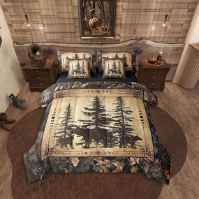 Erosebridal Tree Camo Cabin Comforter Set Twin 7 Piece Rustic Farmhouse Bedding Sets with Sheets Camouflage Hunting Wildlife Bear Bed in A Bag for Boys Teen Men,Woodland Pine Tree Animal Bed Set