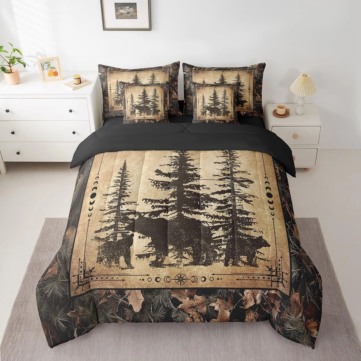 Erosebridal Tree Camo Cabin Comforter Set Twin 7 Piece Rustic Farmhouse Bedding Sets with Sheets Camouflage Hunting Wildlife Bear Bed in A Bag for Boys Teen Men,Woodland Pine Tree Animal Bed Set