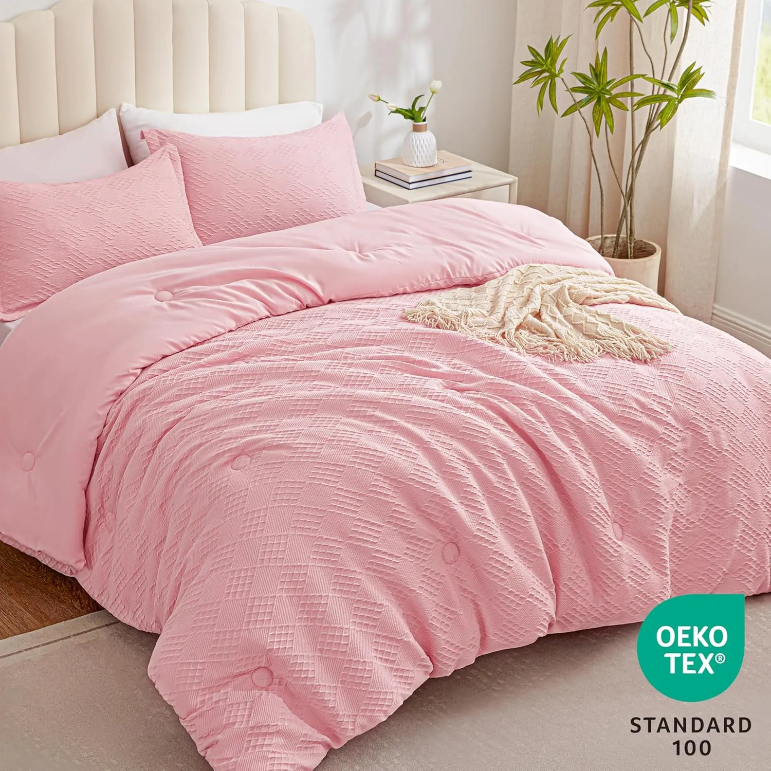 EXQ Home Waffle Comforter Queen Size - Super Soft Embossed Design Comforter Set 3 Pieces, Pink 3D Diamond Pattern Bedding Set,Winter Warm Bed Set,1 Comforter with 2 Pillowcases
