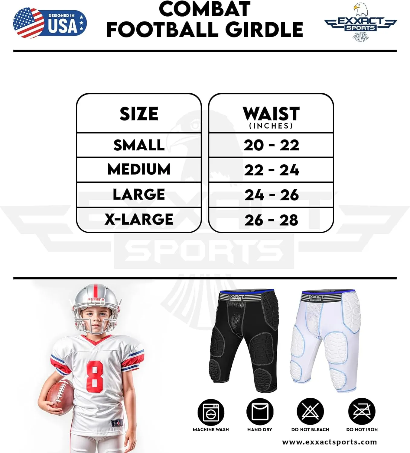 Exxact Sports Combat 7-Pad Youth Football Girdle with Cup Pocket, Padded Compression Shorts with Integrated Pads, Boys Girdle Football