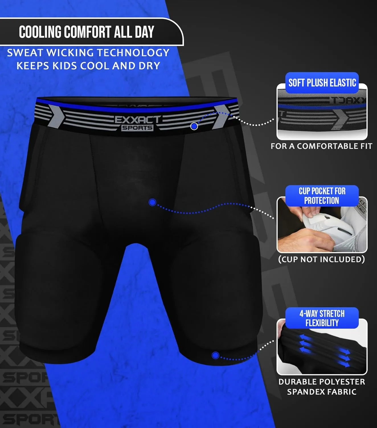 Exxact Sports Rebel 5-Pad Youth Football Girdle with Cup Pocket, Lightweight Padded Compression Shorts with Integrated Hip, Thigh, Tailbone Pads, Boys Girdle Football