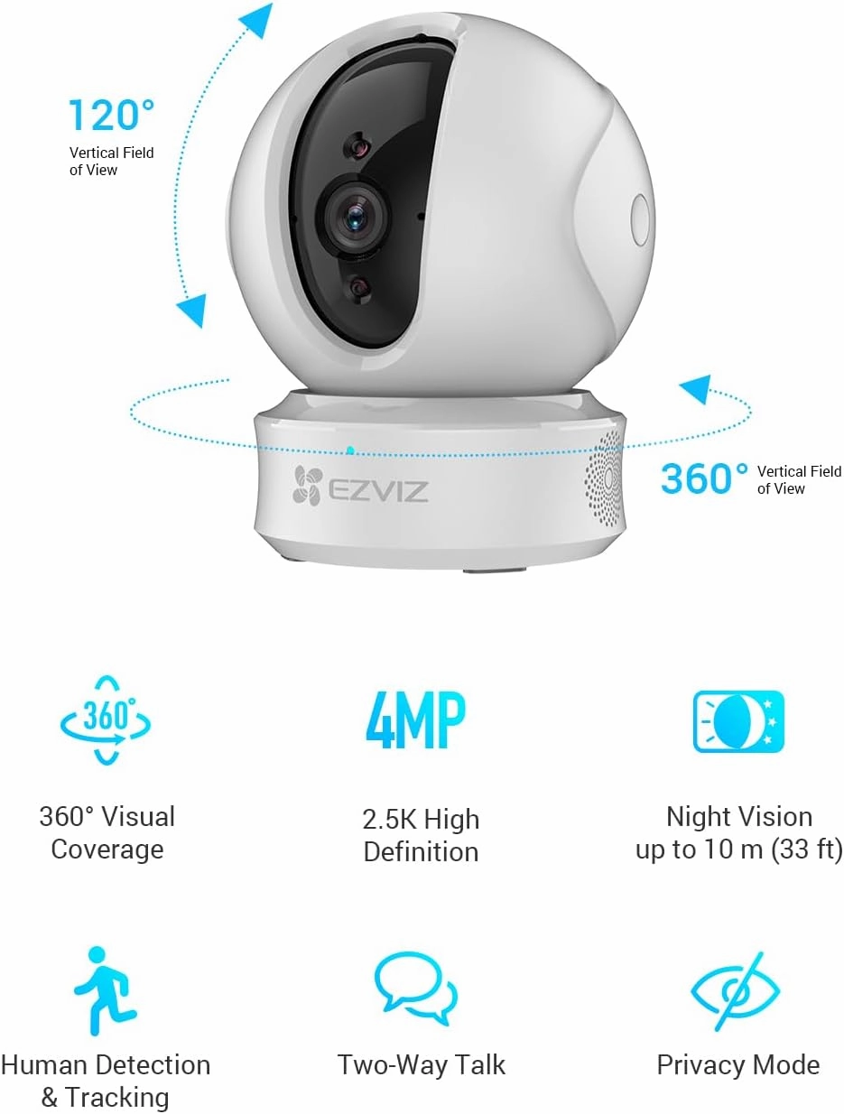 EZVIZ C6CN 2K  Indoor Pan/Tilt Wi-Fi Security Camera, Human Detection, Smart Tracking, Two-Way Talk with Google Assistant and Amazon Alexa Compatibility