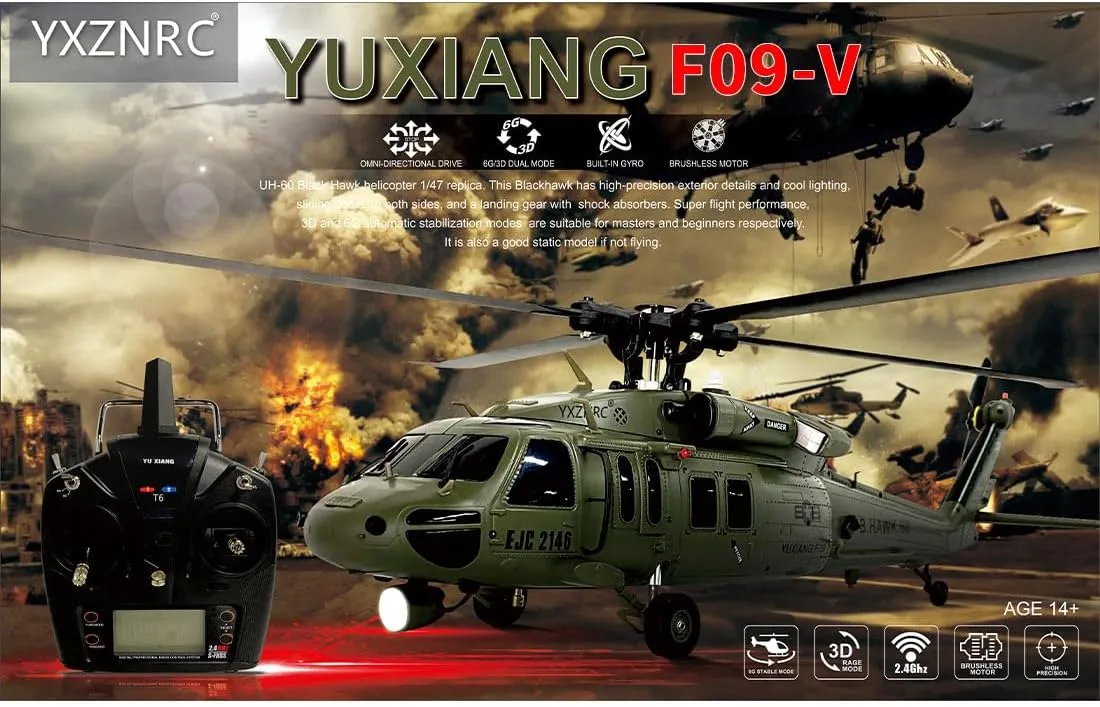 F09-V RC Helicopter for Adults, 1/47 Scale 2.4G 6CH Remote Control Helicopter, Outdoor RC Aircraft Flying Model, RTF Version Creative Gifts