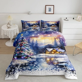 Farmhouse Winter Comforter Set Queen Size 3 Pcs Watercolor Christmas Trees Colorful Lights Decor Duvet Set for Kids Teens Adults Jungle Cabin Rustic Dreamy Bedding Set with 2 Pillowcases 1 Comforter
