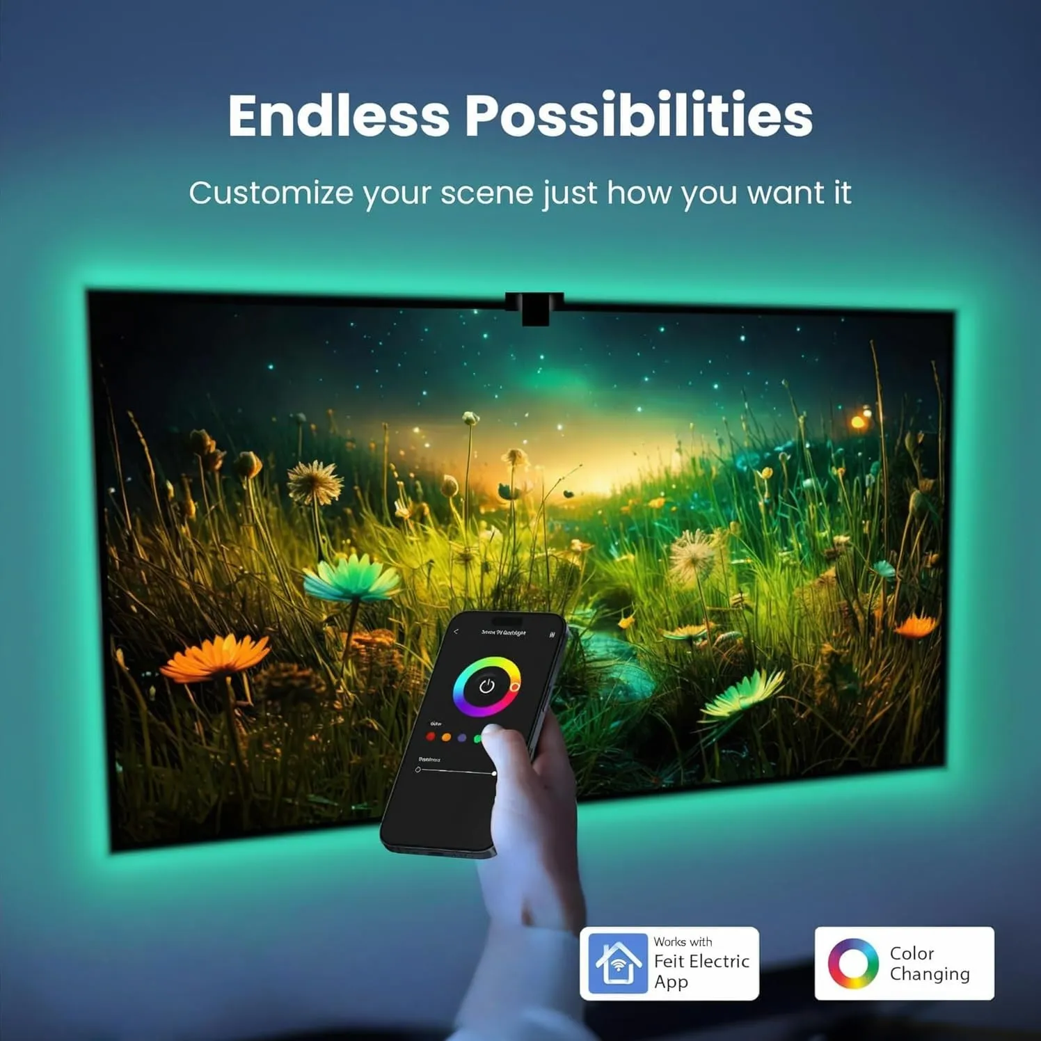 Feit Electric Smart TV Backlight with Color Sensor and 11.5ft LED Tape Light Supports 55"-85" TVs, RGB Backlight, No Hub Required - TAPETV85/RGB/AG
