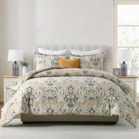 Finlonte Damask Queen Comforter Set, 100% Cotton Paisley Floral Comforter Bedding Set, Luxury Ethnic Queen Size Bed Set, Fluffy Lightweight Soft Quilted, Grayish Blue/Brown