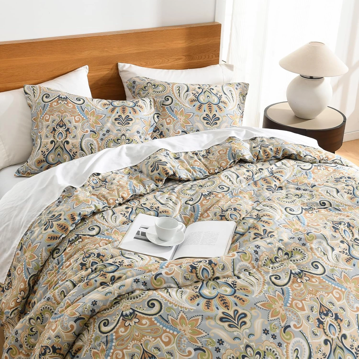 Finlonte Damask Queen Comforter Set, 100% Cotton Paisley Floral Comforter Bedding Set, Luxury Ethnic Queen Size Bed Set, Fluffy Lightweight Soft Quilted, Grayish Blue/Brown