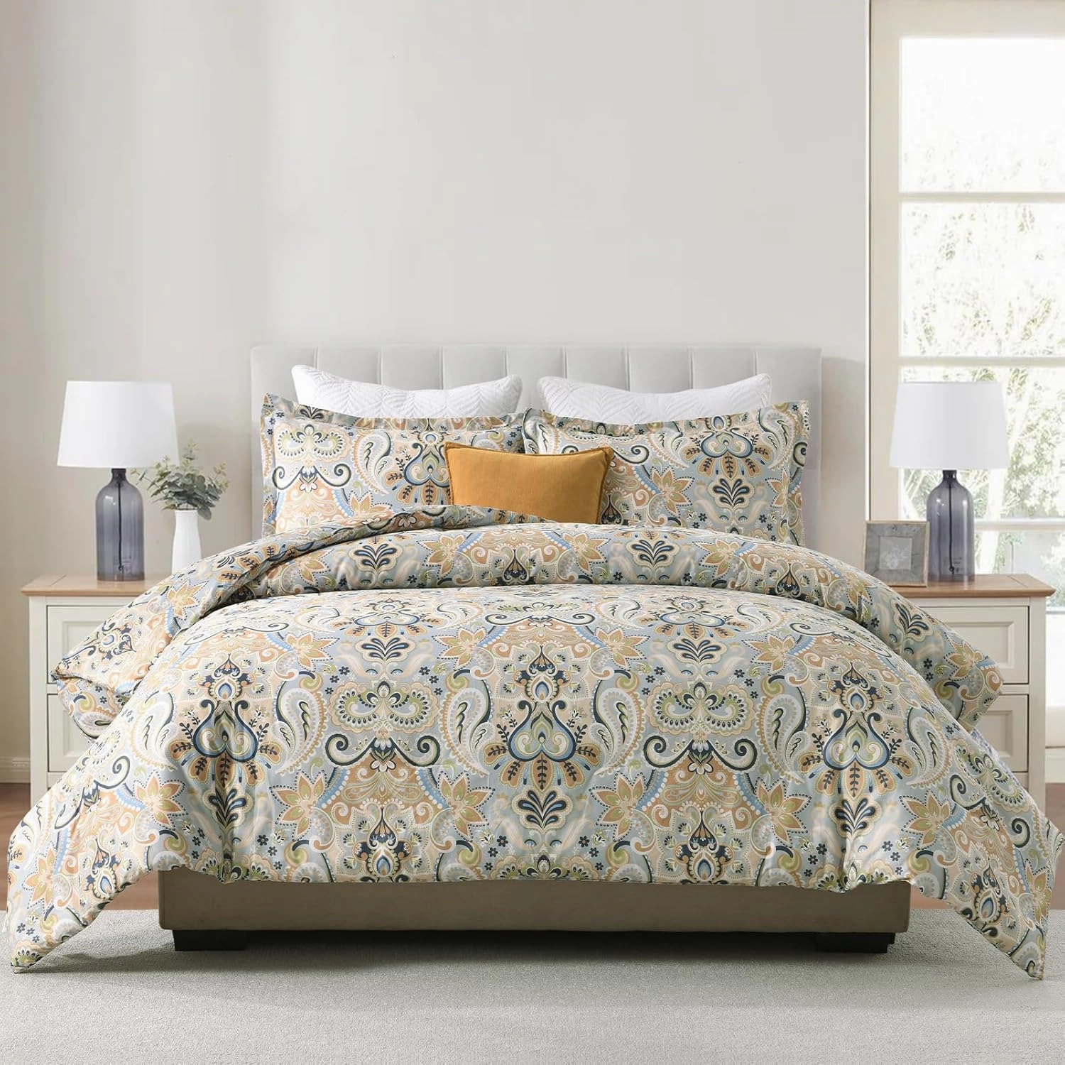 Finlonte Damask Queen Comforter Set, 100% Cotton Paisley Floral Comforter Bedding Set, Luxury Ethnic Queen Size Bed Set, Fluffy Lightweight Soft Quilted, Grayish Blue/Brown