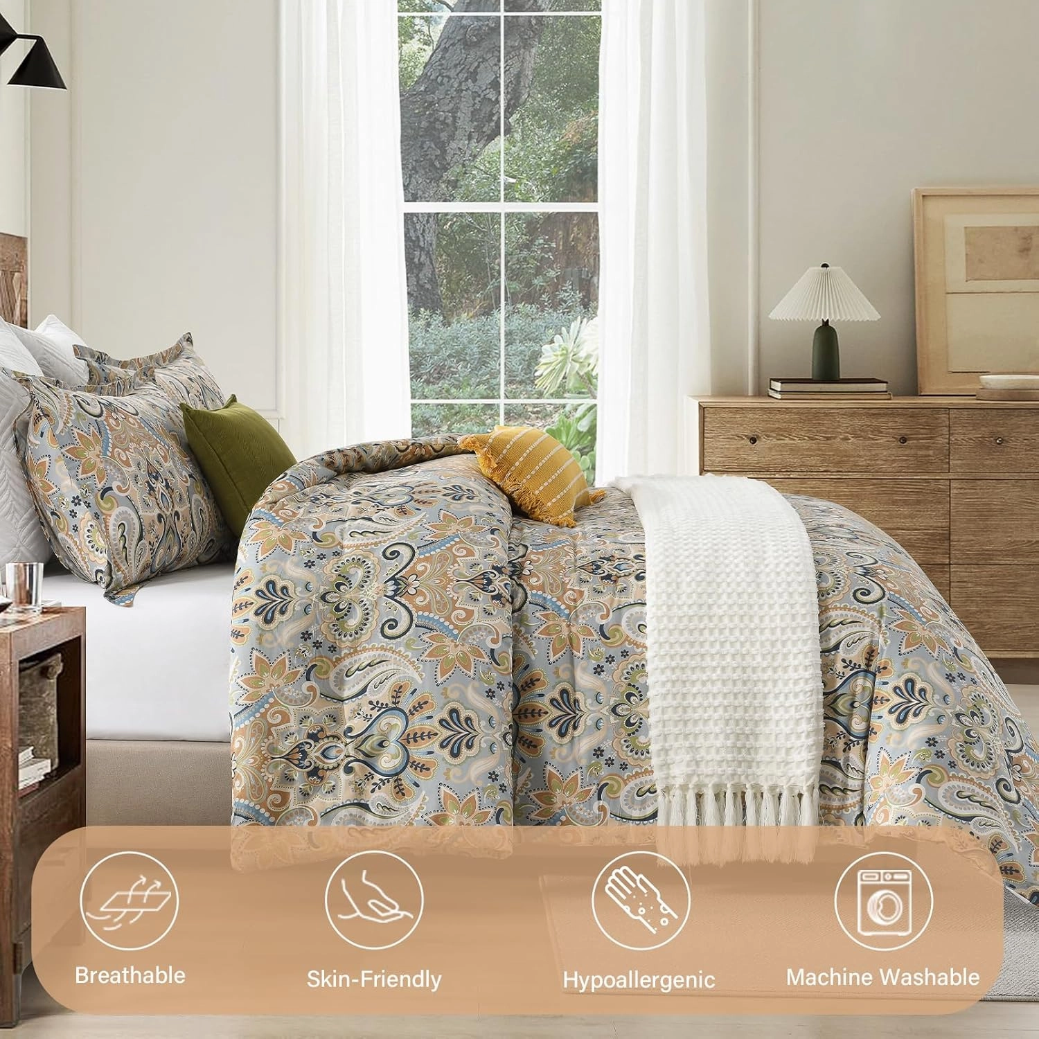 Finlonte Damask Queen Comforter Set, 100% Cotton Paisley Floral Comforter Bedding Set, Luxury Ethnic Queen Size Bed Set, Fluffy Lightweight Soft Quilted, Grayish Blue/Brown