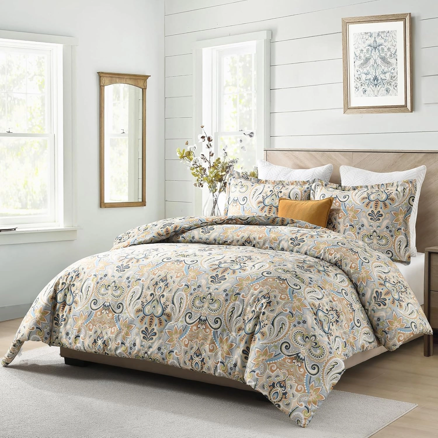 Finlonte Damask Queen Comforter Set, 100% Cotton Paisley Floral Comforter Bedding Set, Luxury Ethnic Queen Size Bed Set, Fluffy Lightweight Soft Quilted, Grayish Blue/Brown