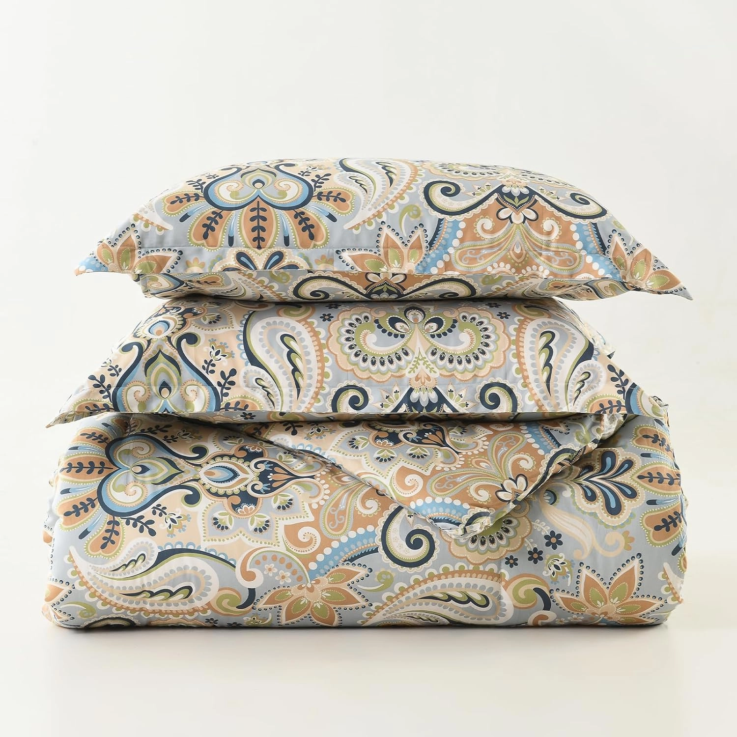 Finlonte Damask Queen Comforter Set, 100% Cotton Paisley Floral Comforter Bedding Set, Luxury Ethnic Queen Size Bed Set, Fluffy Lightweight Soft Quilted, Grayish Blue/Brown