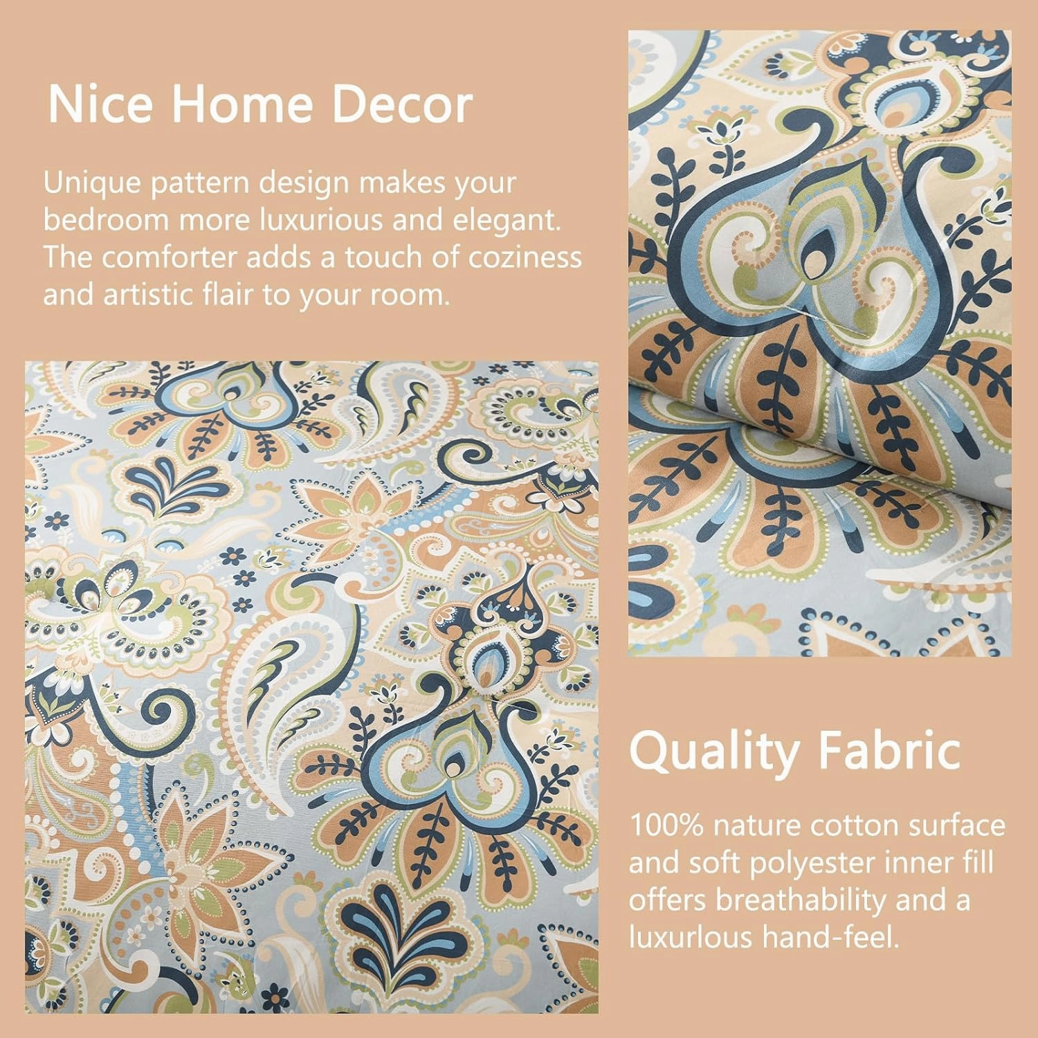 Finlonte Damask Queen Comforter Set, 100% Cotton Paisley Floral Comforter Bedding Set, Luxury Ethnic Queen Size Bed Set, Fluffy Lightweight Soft Quilted, Grayish Blue/Brown