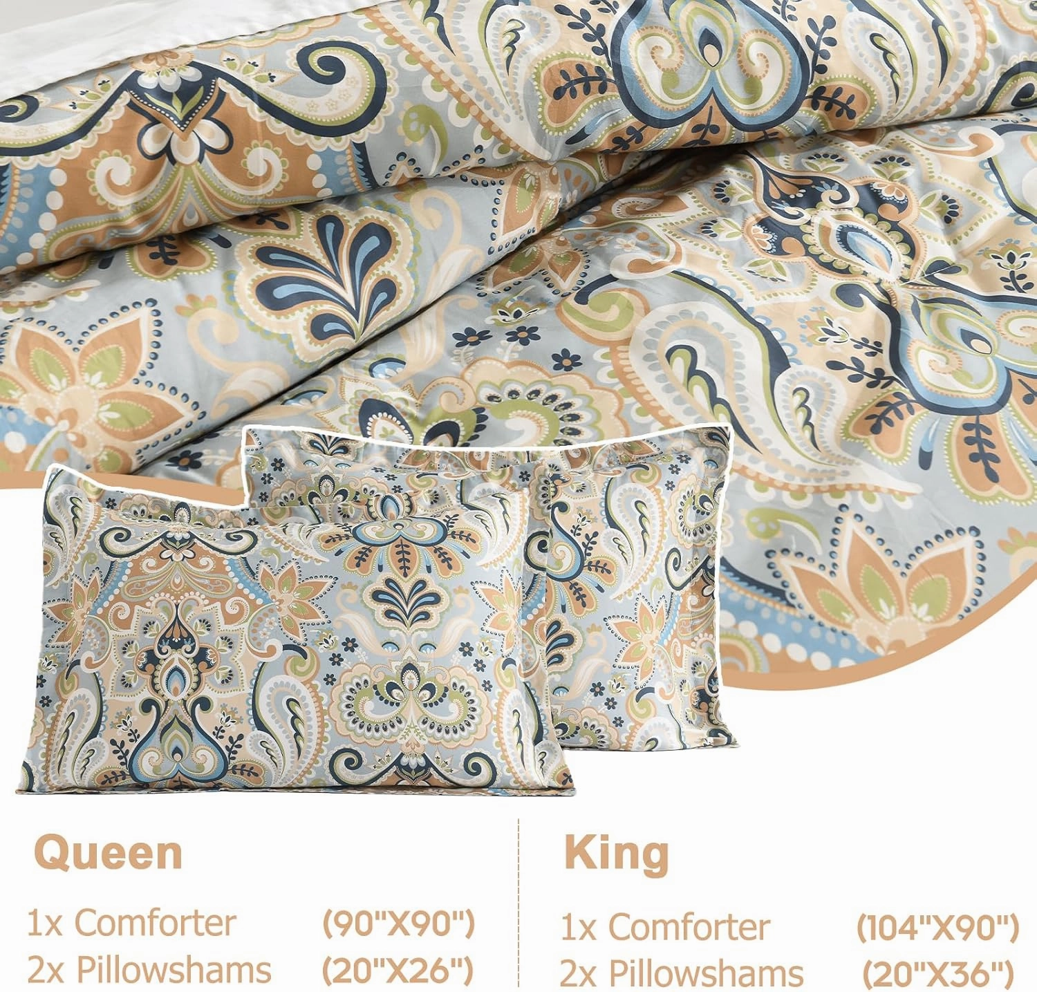 Finlonte Damask Queen Comforter Set, 100% Cotton Paisley Floral Comforter Bedding Set, Luxury Ethnic Queen Size Bed Set, Fluffy Lightweight Soft Quilted, Grayish Blue/Brown