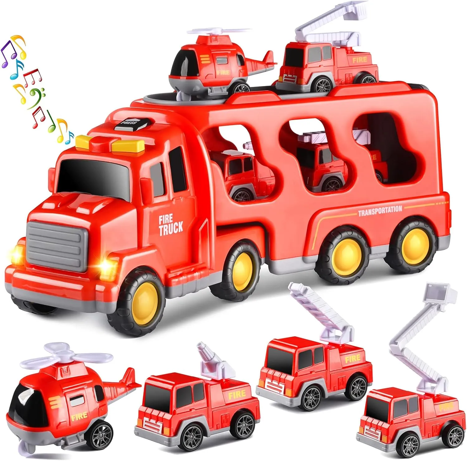 Fire Truck Toy for Toddlers 3-5 Years Old, Friction Power 5 in 1 Emergency Vehicle Set with Lights and Sounds, Christmas & Birthday Gift for Boys & Girls, Fire Engine 5in1
