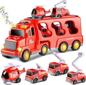 Fire Truck Toy for Toddlers 3-5 Years Old, Friction Power 5 in 1 Emergency Vehicle Set with Lights and Sounds, Christmas & Birthday Gift for Boys & Girls, Fire Engine 5in1
