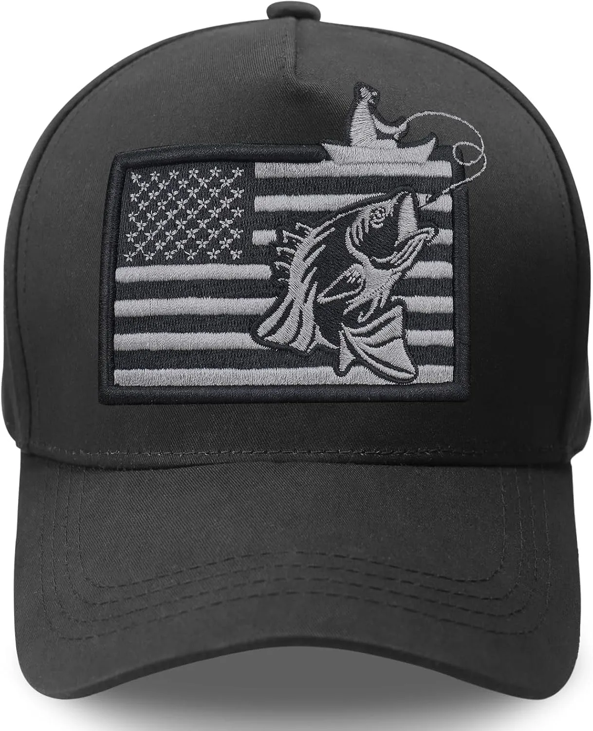 Fishing Hat, Fisherman Gift Adjustable Baseball Cap with American Flag and Angler Logo Black