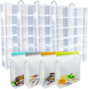 Fishing Tackle Boxes Waterproof 3600 Tackle Trays Clear Plastic Storage Organizer Box with Removable Dividers 4 Packs Box Storage Organizer for Fishing Lure Bait Hook Jewelry Craft Beads