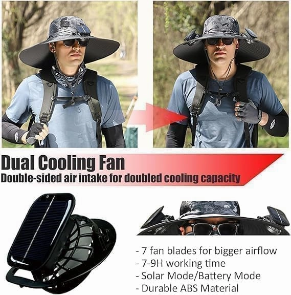Fishing Hat with Built in Fan,Fishing Hats with Solar Powered Fans,UPF 50  Ultralight Wide Brim