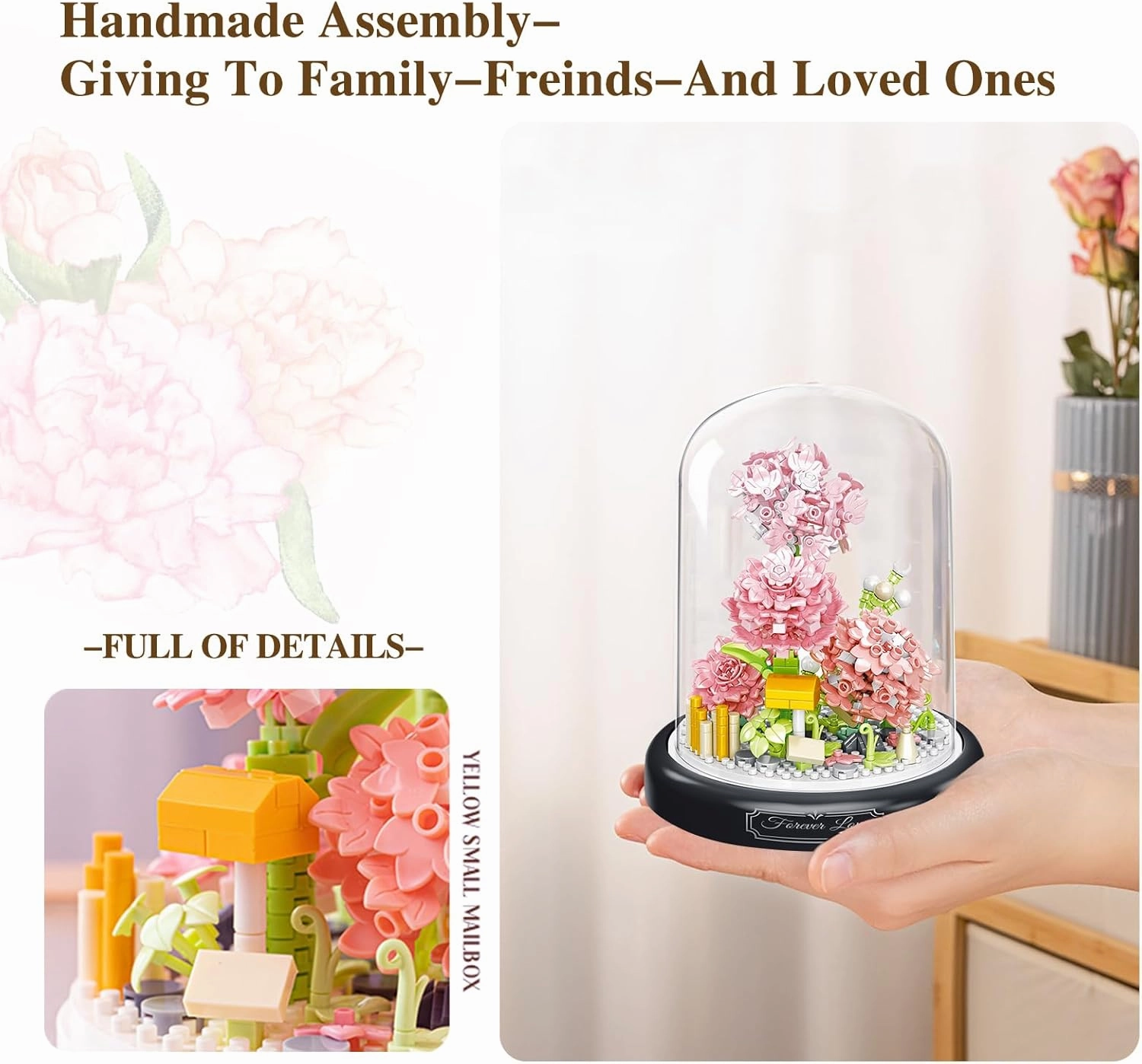 Flower Bouquets Building Toys - 642 PCS Little Daisy Micro Building Blocks Kit with Dust Cover, Preserved Flower Home Decor Christmas New Year Birthday Great gift for Mom/Lover/Women (Carnation)