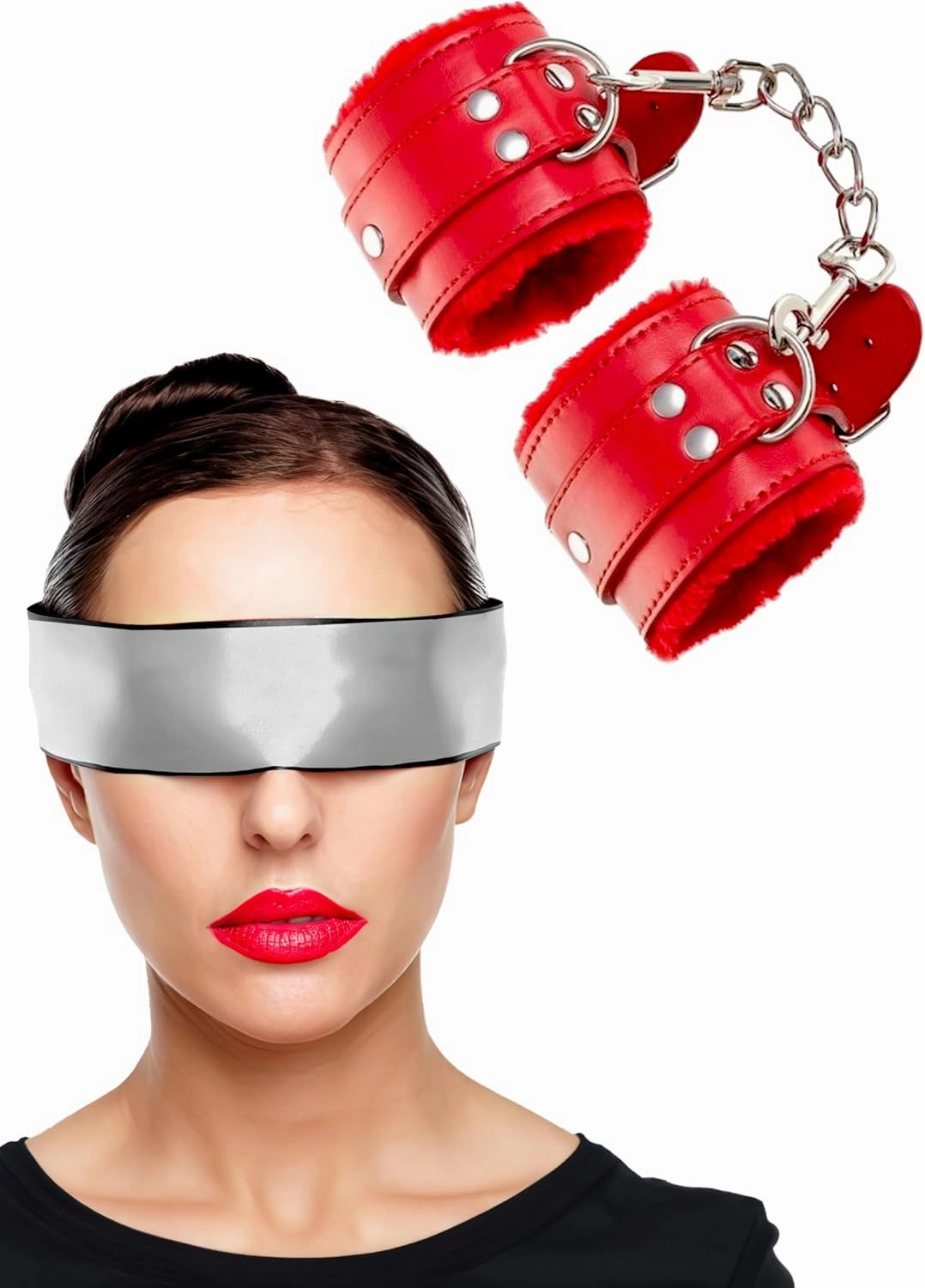 Fluffy Handcuffs Satin Eye Mask Adjustable Strap Adjustable Lock Buckle Bracelets Cuffs Red Faux Leather Fluffy Handcuffs Eye Silk Blindfold Mask Handcuffs Connect with Chain Adult Handcuffs