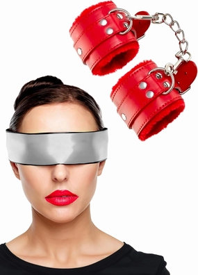 Fluffy Handcuffs Satin Eye Mask Adjustable Strap Adjustable Lock Buckle Bracelets Cuffs Red Faux Leather Fluffy Handcuffs Eye Silk Blindfold Mask Handcuffs Connect with Chain Adult Handcuffs