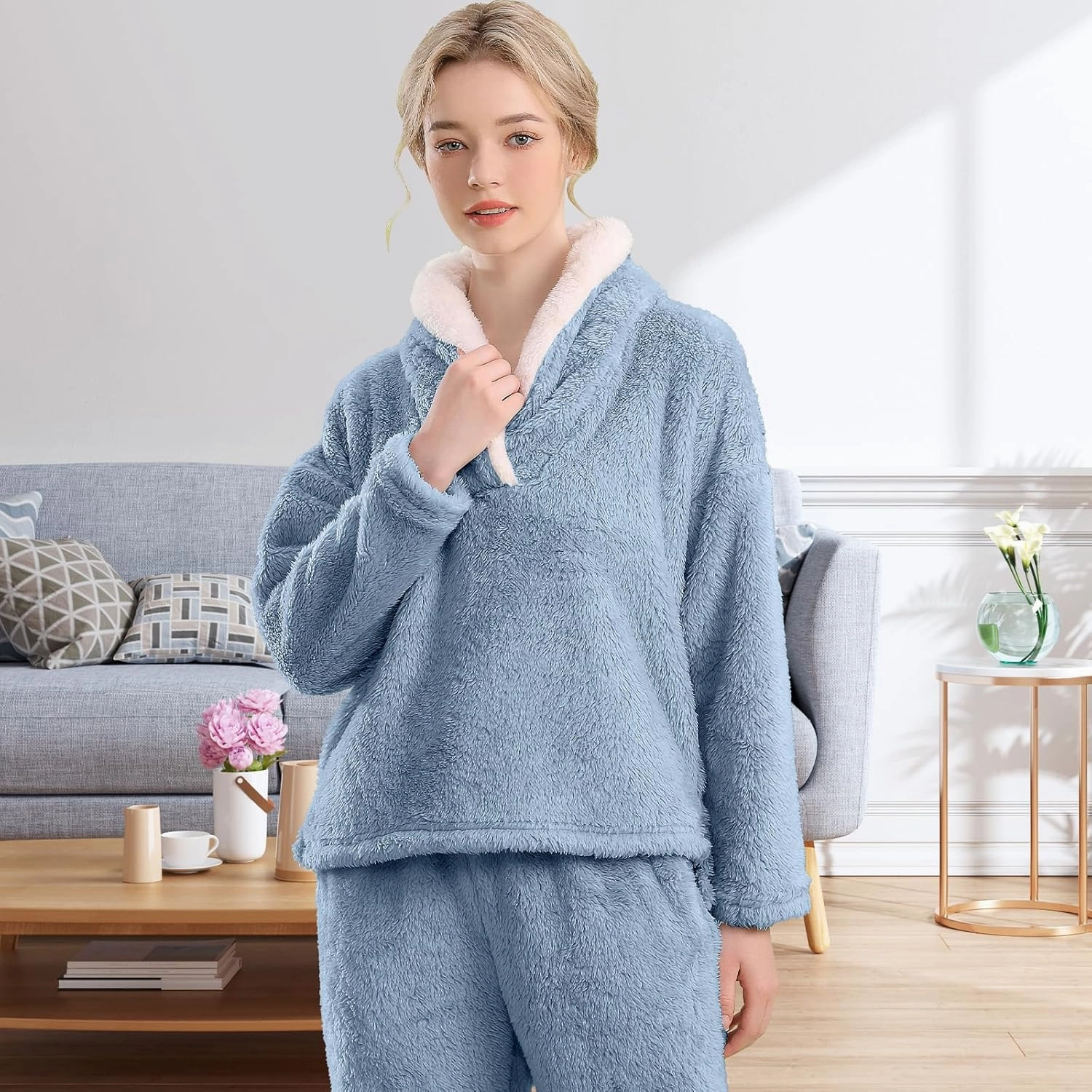 Fluffy Pajamas Set for Women Soft Comfy Fleece Pjs Pullover Pants Loose Plush Sleepwear Fuzzy Loungewear for Winter