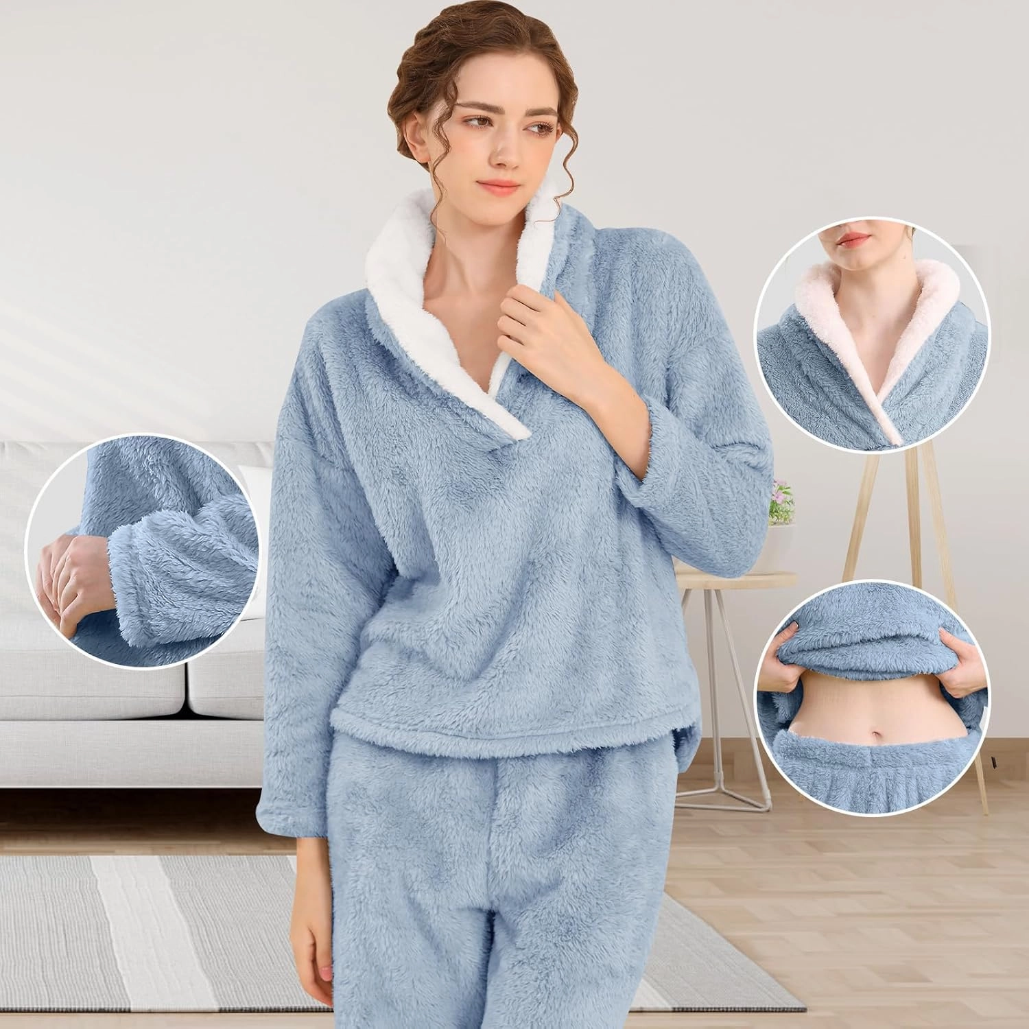 Fluffy Pajamas Set for Women Soft Comfy Fleece Pjs Pullover Pants Loose Plush Sleepwear Fuzzy Loungewear for Winter