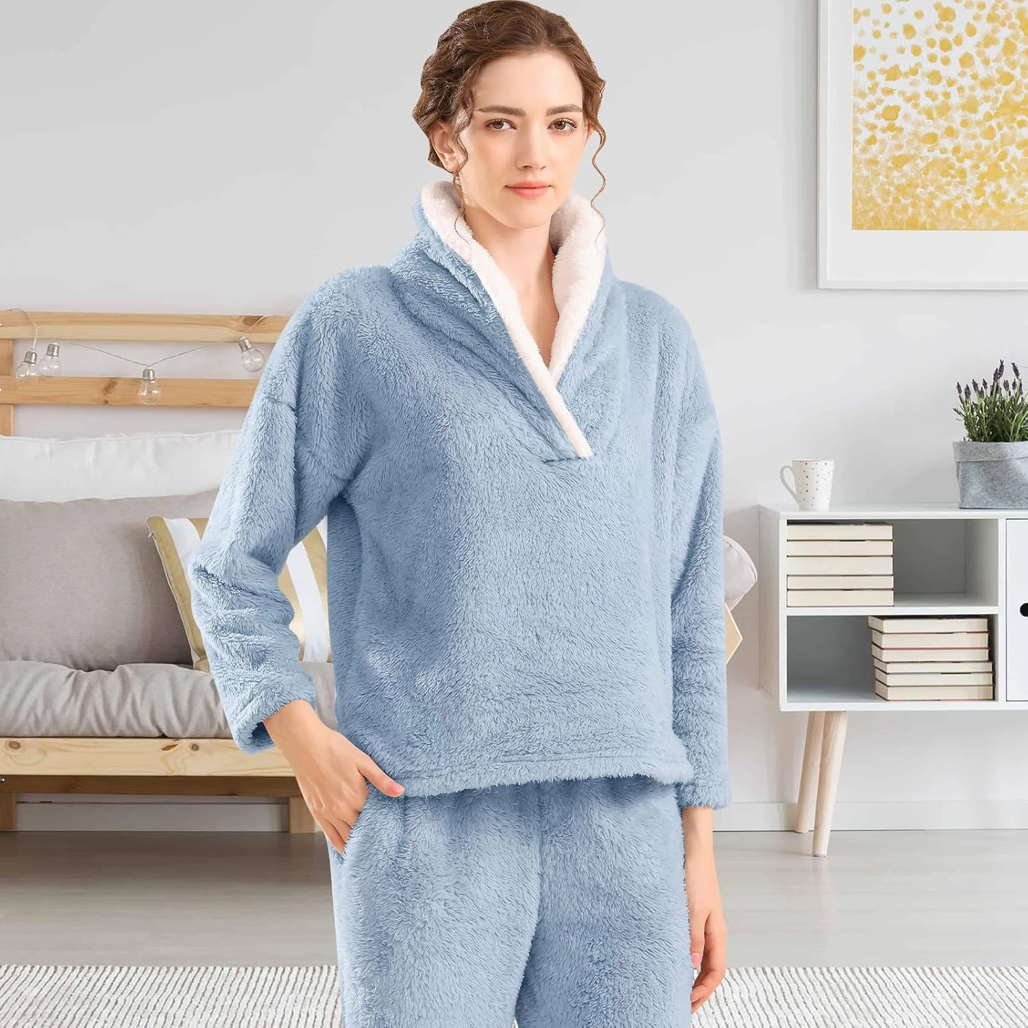 Fluffy Pajamas Set for Women Soft Comfy Fleece Pjs Pullover Pants Loose Plush Sleepwear Fuzzy Loungewear for Winter