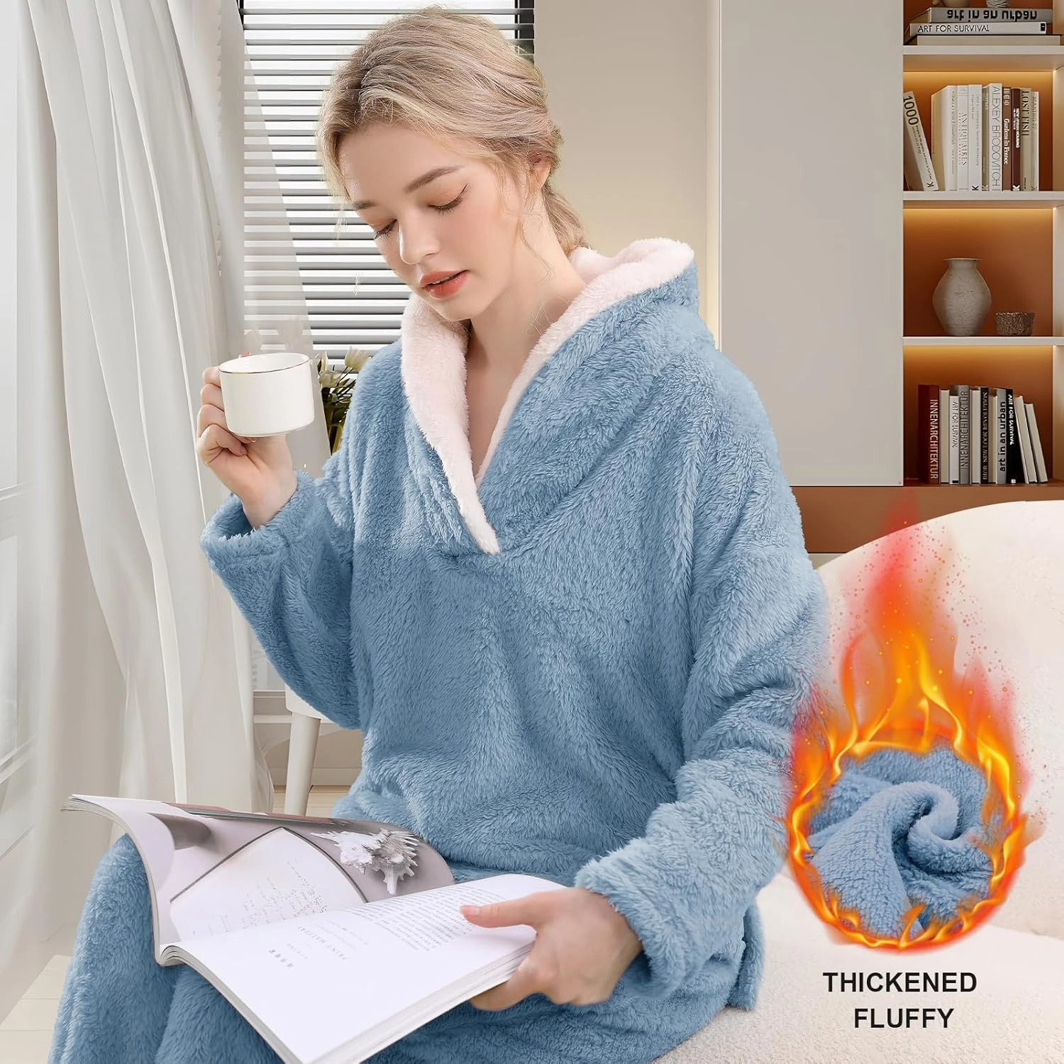 Fluffy Pajamas Set for Women Soft Comfy Fleece Pjs Pullover Pants Loose Plush Sleepwear Fuzzy Loungewear for Winter