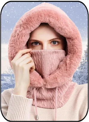 Formery Winter Fuzzy Hood Hat Pink One Piece Faux Fur Knitted Hooded Hats Scarf Thick Pullover Balaclava Cap Mask Set for Women