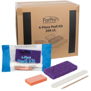 ForPro 4-Piece Pedi Kit, 200-Count, Individually-Packed Pedicure Set, Purple Pumice Pad, White Wood Nail File 80/100 Grit, Orange Mini Buffer 80/100 Grit, Wood Stick