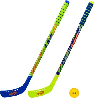 Franklin Sports NERF Proshot Kids Hockey Sticks Ball Set-2 Player Youth Indoor Outdoor NERF Hockey Set-2 in 1 Knee Floor Hockey Sticks-(2)NERF Proshot Youth Hockey Sticks (1)Foam Hockey Ball Included