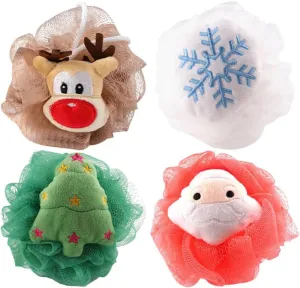 FRCOLOR 4Pcs Bath Sponges Shower Loofahs Mesh Pouf Shower Ball Christmas Tree Elk Xmas Santa Bath Puff Sponges Exfoliating Body Scrubber for Body Wash Bathroom Men Women