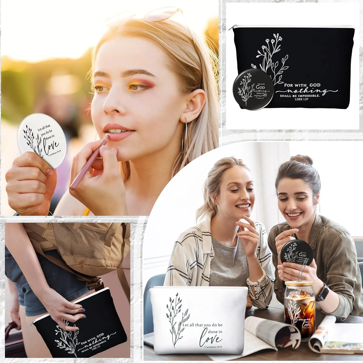 Fumete Christian Gift for Women Sunday School Teacher Flower Makeup Bag Graduation Bible Verse Glass Coffee Cup with Bamboo Lid Straw Mini Compact Mirror Religious Scripture Church(Bible-a,2 Sets)